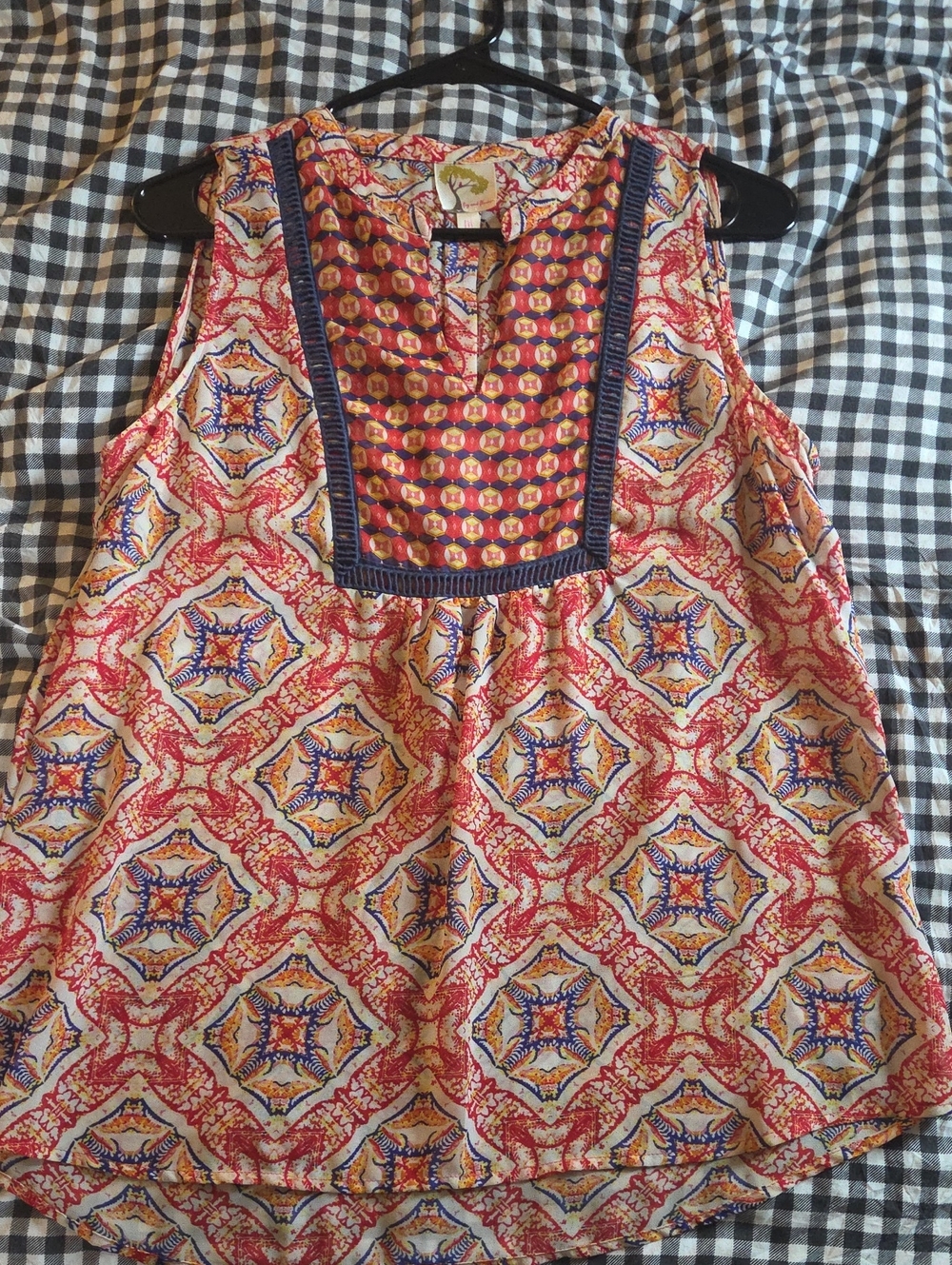 Womens Anthropologie Multicolor Printed Sleeveless Top with Navy Trim Sheer